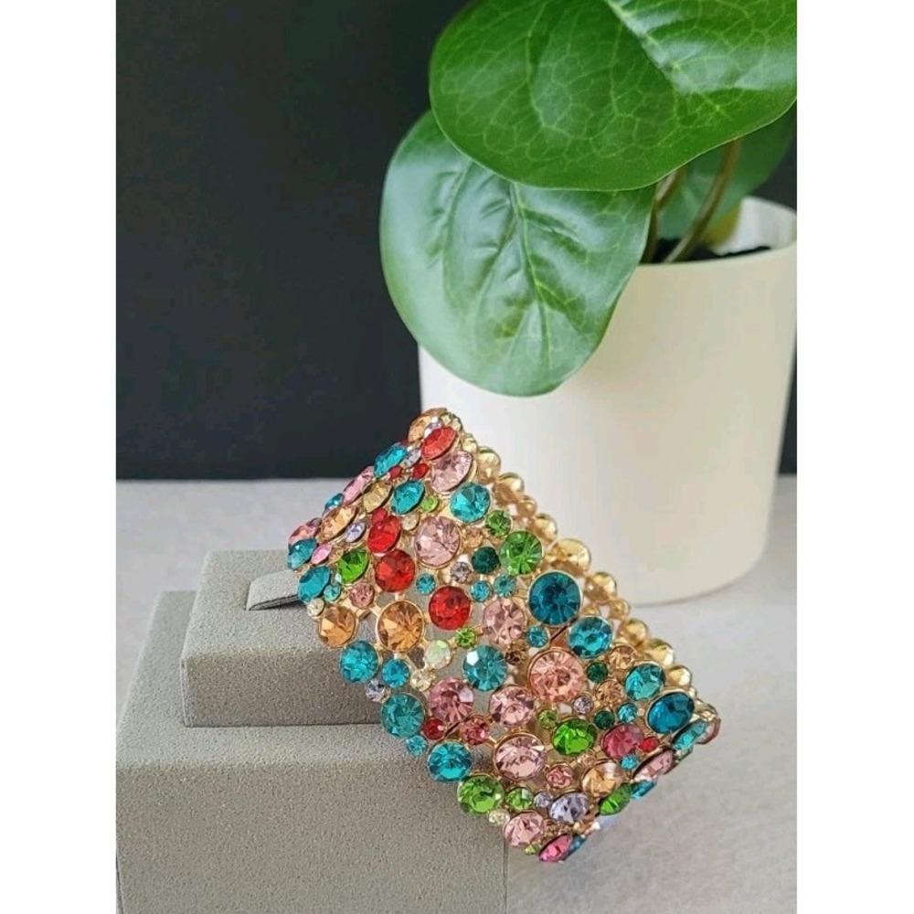 Multicolor Rhinestone Stretch Cuff Bracelet Gold Tone Statement 2.5in